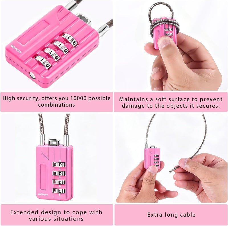 SEPOX ® Resettable 4-Digit Combination Padlock, 18cm Compact Vinyl Steel Cable – Multipurpose Lock for Gym Locker, Suitcase, Mini Toolbox – Pink Gym Essentials for Women 12 Pack - Image 5
